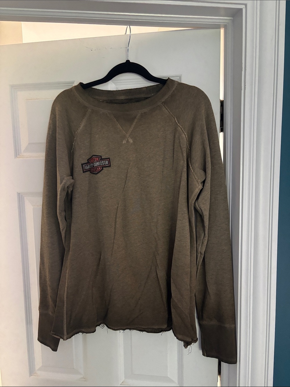 Harley-Davidson womens Crewneck Sweater in Olive/with bling studs on the logo.